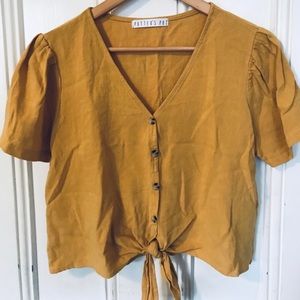 POTTER’S POT Mustard Button Tie Up Bow Blouse Boho Crop Top Shirt Kawaii Linen